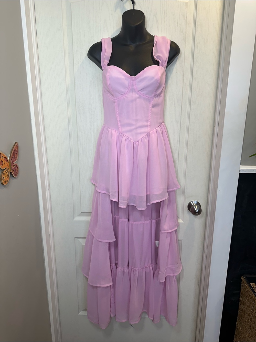 Sweetheart Neck Blush Pink Tiered Chiffon Open Front High low Maxi Dress Large